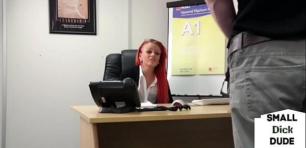  Redhead femdom humiliates tiny dick guy at interview